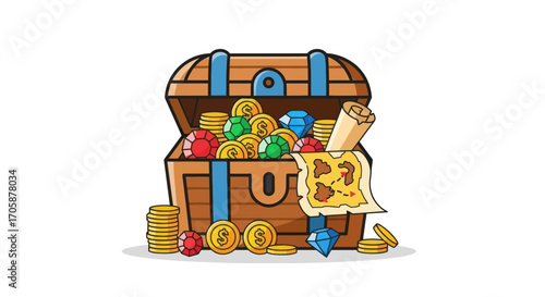 A vibrant cartoon treasure chest overflowing with shiny gold coins colorful gems and an old pirate map.