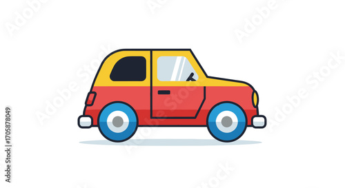 Cartoon Car Illustration: Yellow Roof Red Body Blue Wheels Simple Design.