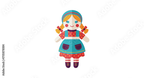 Adorable fabric doll with blonde braided pigtails and a blue apron.