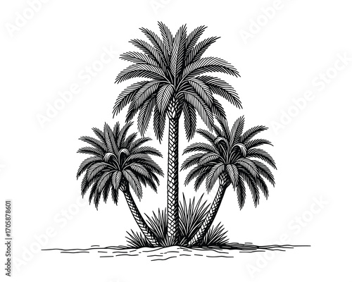 Palm Trees Silhouette, Tropical Oasis Scene, Black and White Vector Illustration
