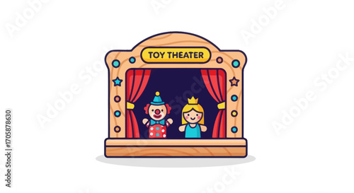 Wooden Toy Theater Stage with Clown and Princess Puppets.