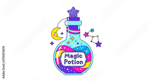 Colorful Magic Potion Bottle with Stars and Moon Illustration.