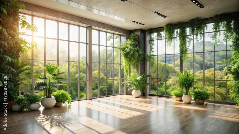 Fototapeta premium Sunlit Interior Room with Abundant Greenery and Expansive Windows Offering a Tranquil Nature View