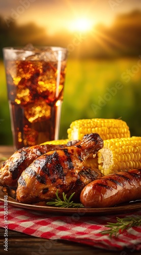 Grilled chicken, sausages, corn on the cob, and a glass of cola are served on a red checkered cloth on a wooden table in a sunny, grassy outdoor setting