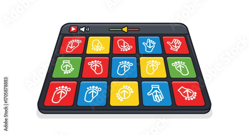 Colorful Electronic Music Production Pad with Hand Icons.