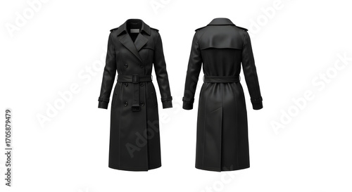 Elegant black trench coat fashion for women isolated PNG with Transparent Background