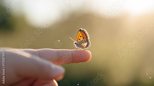 Delicate butterfly perched on fingertip, symbolizing connection with nature's beauty