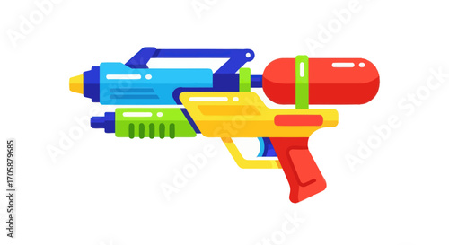 A colorful plastic toy water gun with blue yellow and red parts.