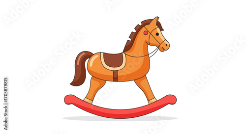Cartoon Rocking Horse Toy with Red Base and Brown Saddle.