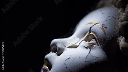 close-up of cracked porcelain doll's face, evoking mystery and nostalgia in shadows