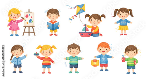 Wallpaper Mural Diverse group of happy cartoon children engaged in various activities. Torontodigital.ca