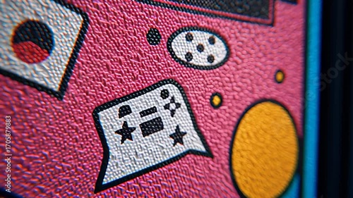 Colorful mural featuring retro microphone amid vibrant graphic elements and patterns