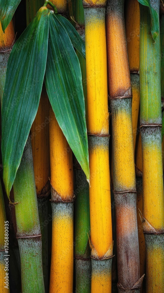 Fototapeta premium Vibrant yellow and green bamboo stalks tightly clustered, with lush green leaves partially obscuring some stems. The image showcases the texture and color variations of the bamboo