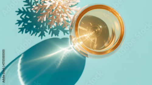 Bright coral and glass reflect light on serene turquoise background, evoking tranquility