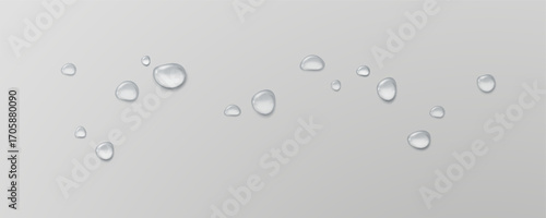 Realistic water drops on a transparent background, condensation on the surface with light reflection and shadow, vector, png, 3D effect.	
