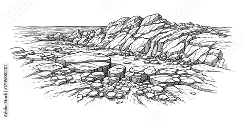 Rocky Shoreline with Stacked Boulders and Ocean View, Hand-Drawn Vector Illustration