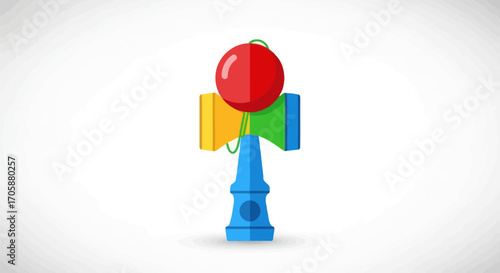 Colorful Wooden Kendama Toy with Red Ball and Blue Handle.