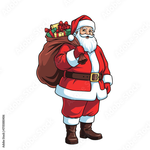 Jolly Father Christmas character in classic red suit carrying a large sack of gifts, embodying the spirit of festive holiday delivery