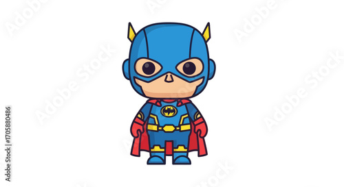 Cartoon Superhero Character in Blue Costume with Red Cape.