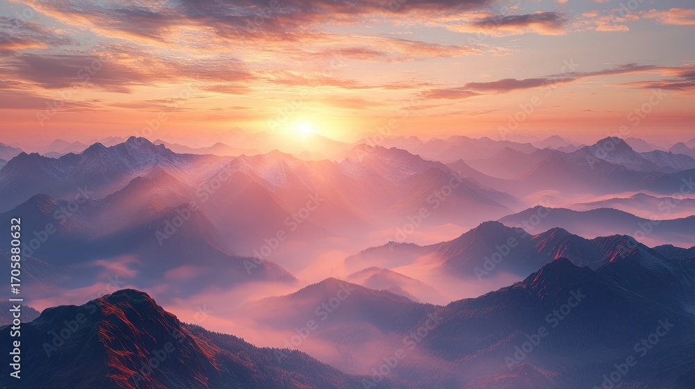Fototapeta premium Beautiful sunrise over majestic mountain range with colorful sky, misty valleys, and scenic landscape, capturing peaceful natural environment at dawn