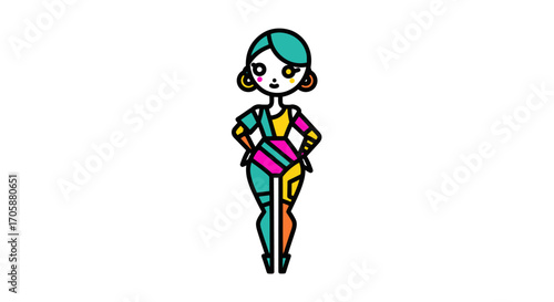 Stylized cartoon woman with colorful geometric clothing and teal hair.