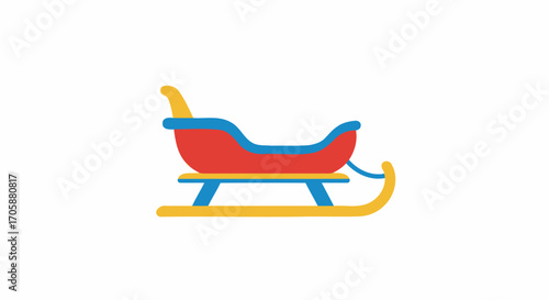 A colorful red blue and yellow childrens sleigh for winter snow activities.