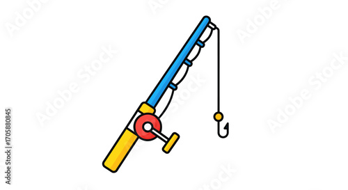 Colorful Cartoon Fishing Rod with Reel and Hook Illustration.