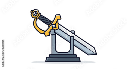 Cartoon illustration of a medieval sword on a display stand.