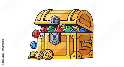 Open Treasure Chest Overflowing with Colorful Gems and Gold Coins.