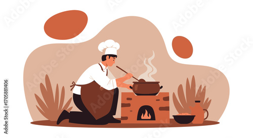 Chef Prepares Delicious Meal Over Traditional Hearth with Flavorful Ingredients Preparation