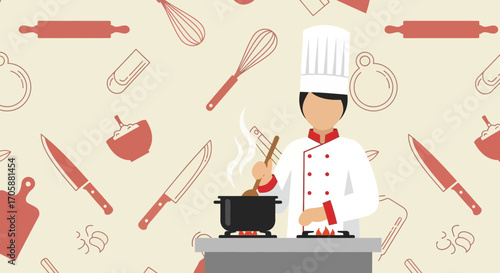 Chef Preparing Food In Kitchen with Cooking Utensils Background Vector Illustration