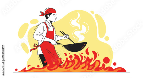 Chef Preparing Food with Intense Fire and Skillful Technique for Culinary Delights