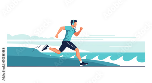 Coastal Runner Enjoying Music Amidst Waves, Perfect For Fitness And Outdoor Themes