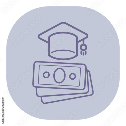 Graduation cap above stack of money, symbolizing connection between education and financial investment. Scholarships and student loans concept