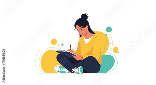 Creative Woman Writing In Notebook, Artistic Illustration For Digital Media And Design