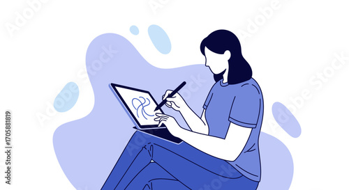 Creative Woman Sketching With Digital Pen On Laptop Device In Illustration Style