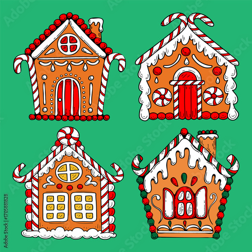 Set of gingerbread houses with icing. Hand drawn color flat vector. Merry Christmas sweet food. Traditional dessert. Winter holiday card. Happy celebration. Illustration doodle line art.