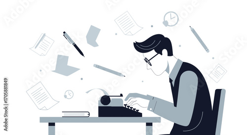 Creative Writer Hard At Work Crafting The New Masterpiece On A Typewriter Illustration
