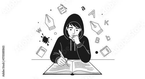 Creative Writer Thinking And Writing, Illustrating With A Pen, Brainstorm Ideas