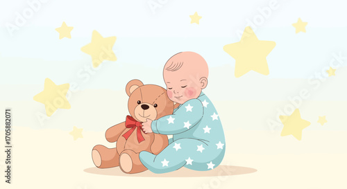 Cuddly Baby Embracing Teddy Bear Amid Yellow Stars: A Dreamy Illustration