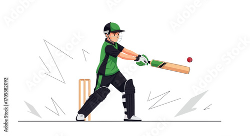 Cricket Player in Action Hitting the Ball with the Cricket Bat, Dynamic Composition