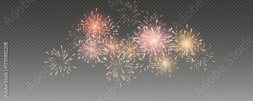 Vector realistic lights, flares. Magic fireworks in the night sky, Christmas background for holiday design, poster, postcard on a transparent background, png. Holiday lights.