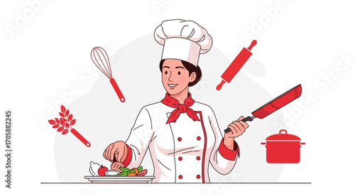 Culinary Artist Crafting Plated Meals with Precision and Flair in a Contemporary Kitchen Setting