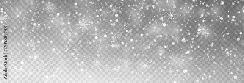 Winter background with falling snowflakes isolated on transparent background, vector png. Snowfall, blizzard, snow storm, snow hurricane. Snowflakes.	
