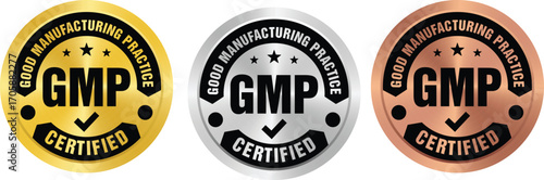 GMP (Good Manufacturing Practice) certified round stamp on transparent background. Vector illustration certification badge icon template