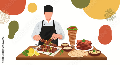 Culinary Artist Preparing Traditional Dishes in a Modern Minimalist Composition