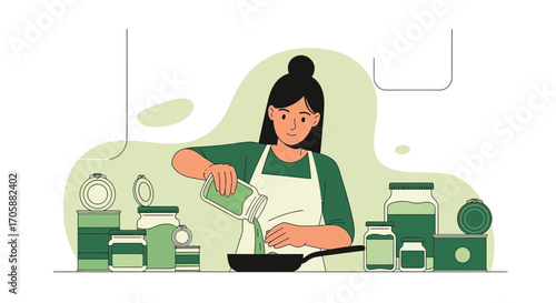 Culinary Craft: A Woman Cooking With Herbs and Pantry Staples in a Kitchen Setting