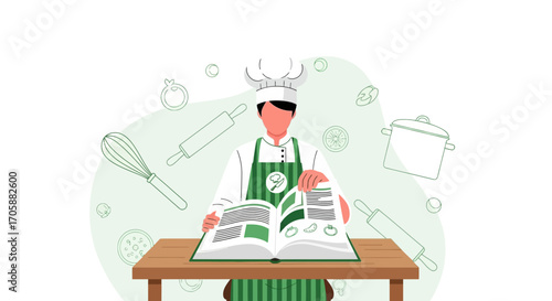 Culinary Creator Explores Recipe Book And Kitchen Utensils, Preparing Meal Illustrated