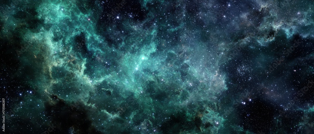 Fototapeta premium Immersive View Inside a Translucent Green Nebula Corridor with Starry Deep Space Glow