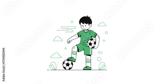 Young Football Player Training With Soccer Balls In Green Uniform Cartoon Illustration